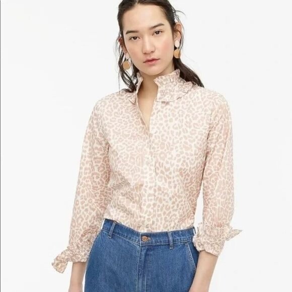 J. Crew Classic Fit Ruffle High Neck Button Up Shirt Popover Leopard Print Top - Picture 2 of 9